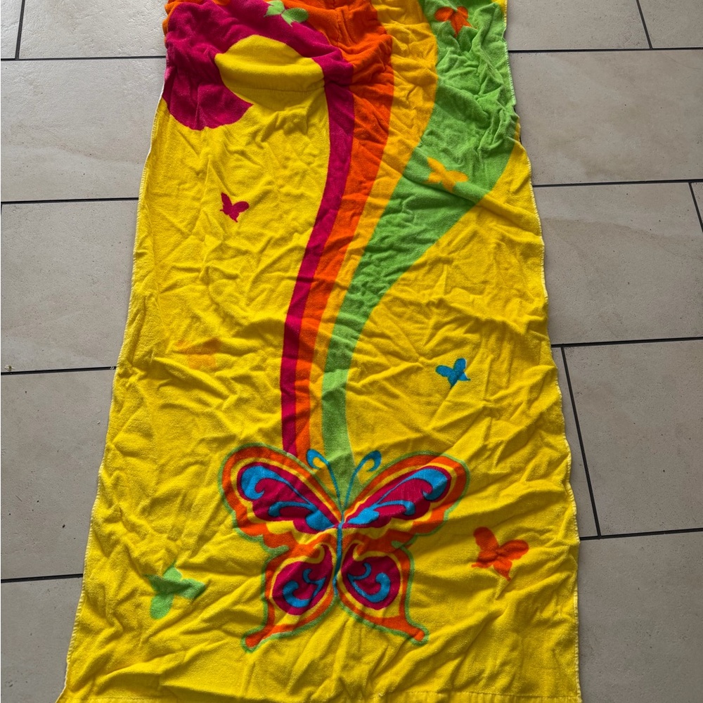Bright Yellow Butterfly Beach Towel with Rainbow Accents that turns into sac